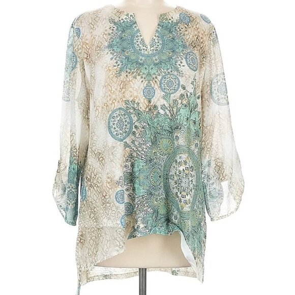 Chico's Sz 2 Assymetric Hi-Lo 3/4 Sleeve Mandala Pattern Boho Blouse - Picture 4 of 10